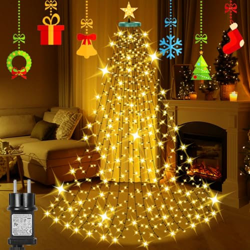 Laybasic Christbaumbeleuchtung mit Ring und Stern, 2m 410 LEDs Lichterkette Weihnachtsbaum Beleuchtung mit 8 Modi Timer, Wasserdicht LED 16 Stränge, für 150cm bis 220cm Tannenbaum, Warmweiß