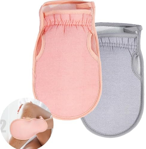 Exfoliating Gloves, DEAD SKIN Exfoliating Mitt Deep Pore Cleansing Exfoliating Glove (Pink Grey At Home Microdermabrasion Dead Skin Remover For Body - Natural Plant Fibre Shower Gloves For Women