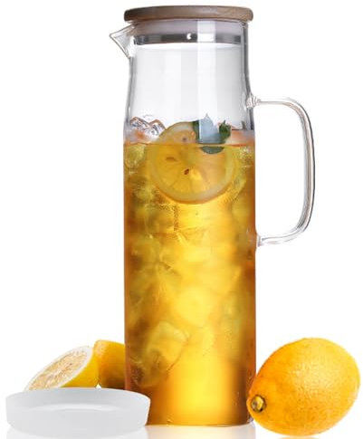 hjn Glass Water Pitcher with Lid Glass Carafe with Handle, Fridge Water Jug for Cold or Hot Beverages, Iced Tea, Milk, Juice 1500ml/51oz & bamboo lid