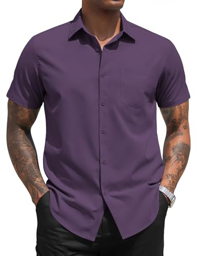 COOFANDY Men's Short Sleeve Shirt Smart Casual Non Iron Shirt Summer Stretch Regular Fit Button Down Dress Shirts Business Casual Wrinkle Free Purple 3XL