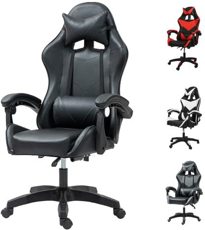 Yesuitme Gaming Chair, Computer Chair with Lumbar Cushion, Headrest, Height-Adjustable Office Chair Gaming Chair for Adults, Girls, Boys (Without Footrest, Black+Black)