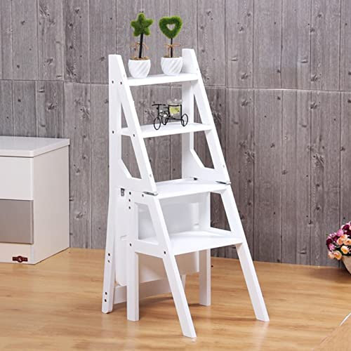 Folding Wooden Step Stool with Library Steps and Display Shelves White Ladder Chair Combination for Multifunctional Use