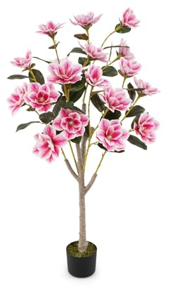 COSTWAY 90CM Kunstbaum mit Blüten, Künstlicher Magnolienbaum, Kunstpflanze im Topf, Kamelienpflanze mit mehrverzweigten Stämmen & realistischem Moos, Kunstblume für Zuhause Büro, Rosa