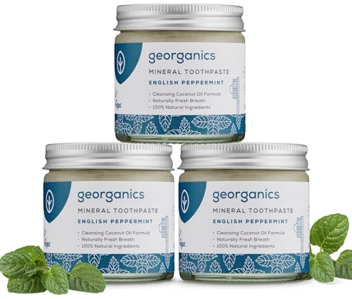 Georganics Mineral Toothpaste - 120ml x3 Pack - Peppermint Flavour | Fluoride, SLS & Glycerine Free - Non-Foaming Formula with Virgin Coconut Oil - Certified Cosmos, Vegan and Cruelty-Free