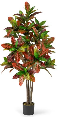 COSTWAY Pianta Finta di Croton 150 cm, Albero Artificiale da Interno ed Esterno, Pianta Tropicale in Vaso con Foglie Sfumate Finte, Ideale per Casa e Ufficio