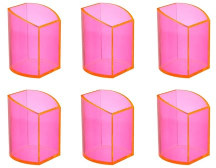 Osco Neon Acrylic Pen Pot 6 Pack – Round Transparent Pencil Holder & Desk Tidy – Durable Office Organiser for Stationery, Pens, Pencils & Makeup Brushes – H10 x W7.5 x D7 cm