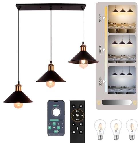 FIRVRE LED Pendelleuchte Dimmbar Hoehenverstellbar, Pendelleuchte Esstisch Schwarz 3 Flammig mit Fernbedienung, Esstischlampe Hangend Schwarz Gold mit 3 LED Glühbirne