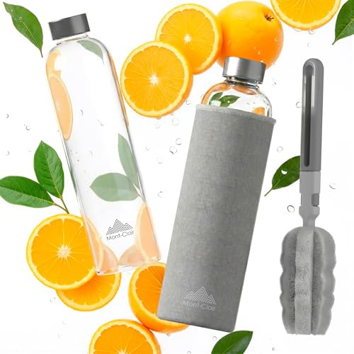 Mont-Clair Kristal Borosilicate Glass Water Bottle 550ml with Neoprene Sleeve - Leak Proof + BPA Free - Hot & Cold Drinks - Ideal for Adult, Kids, Travel, Sports, Gym, Running - Grey