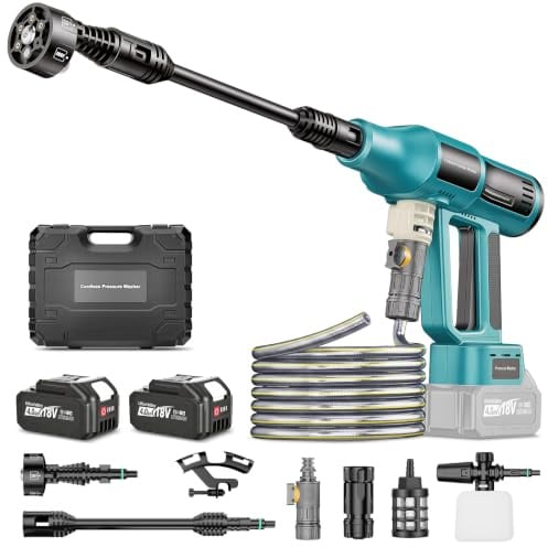 Nettoyeur Haute Pression à Batterie 80Bar à Batterie Compatible avec Batteries Makita 18V, Nettoyeur Haute Pression sans Fil avec 2 Batteries de 4,0 Ah, buse 6 en 1, pulvérisateur de Mousse, Filtre