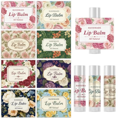 Peacoblue 160 Stück Lippenbalsam Etiketten, Vintage Große Blumen DIY | Wasserfeste Tube Aufkleber 8 Designs, Glänzende Labels für selbstgemachte Lippenpflege, Geschenke und Feiern