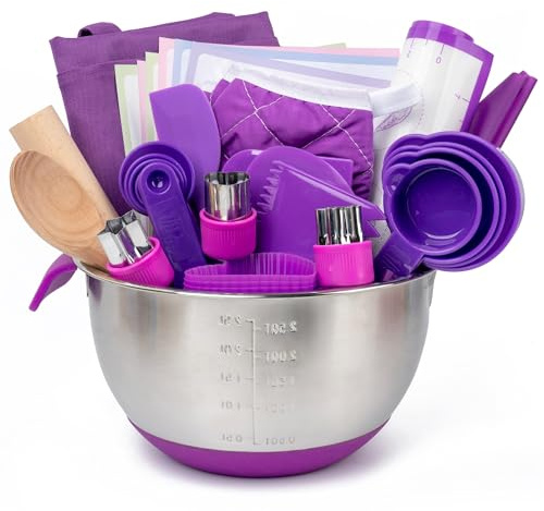 Juego de cocina y repostería infantil de 53 piezas, con gorro de cocinero, delantal, color morado