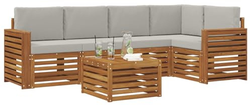 vidaXL Sofagarnituren 6 pcs Natürlich und Hellgrau Massivholz Akazie, Moderner Outdoor-Sofa, strapazierfähiges Möbel für Garten, Bequeme Lounge-Sitzgruppe für die Terrasse