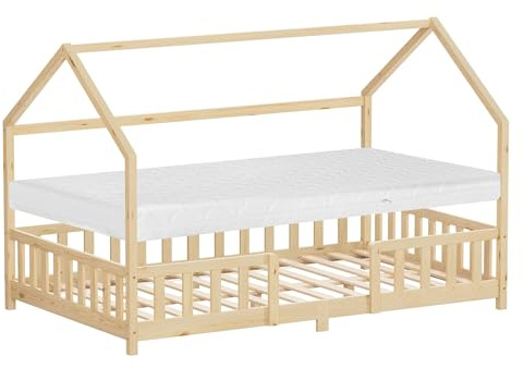 ML-Design Kinderbett Hausbett 120x200 cm mit Matratze, Rausfallschutz, Dach & Lattenrost, Natur, Bettgestell aus Kiefernholz, Montessori Bodenbett, Holzbett für Mädchen & Jungen, Jugendbett Doppelbett