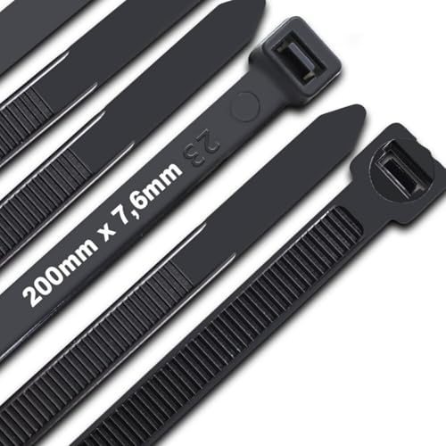 JQKX Kabelbinder 200 mm x 7,6 mm, UV-Beständig ultra stark Kabelbinder, 100 Stück Schwarz