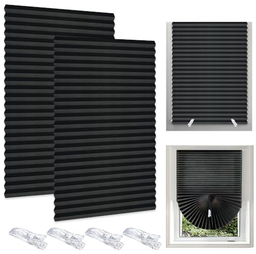 2 Pcs Temporary Blinds, No Drill Blinds for Windows, Self Adhesive Blinds with 4 Clips, Easy to Cut and Fit, Semi-Blackout Pleated Shades For Windows, Doors, Kitchen, Bathroom, Bedroom(Black,60*150cm)