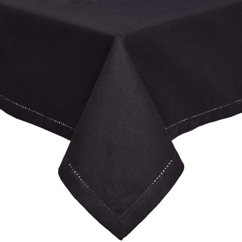 HOMESCAPES Black Table Cloth, Plain Cotton Tablecloth, Square, Handcrafted & Durable Dining Table Cover with Hem Stitch, Hypoallergenic, Washable, 137 x 137cm