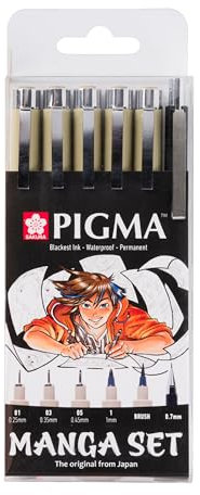 SAKURA Pigma Manga-Stifte-Set in Schwarz (6er-Stück) | 3 Fineliner, Grafik-Liner, Pinselstift + Druckbleistift | Für Cartoons und Zeichnungen