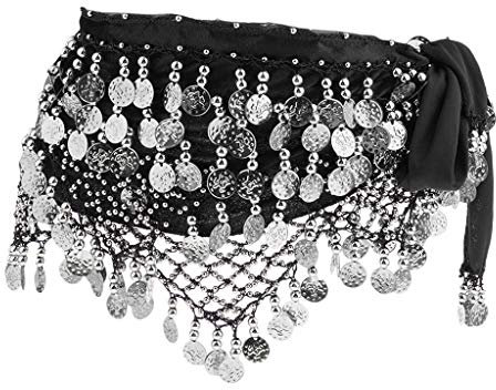 P Prettyia Belly Dance Bauchtanz Kostüm Hüfttuch Münzgürtel Gürtel Samt Strandtuch Tanztuch mit 320 Goldmünzen - schwarz silber, 150 cm