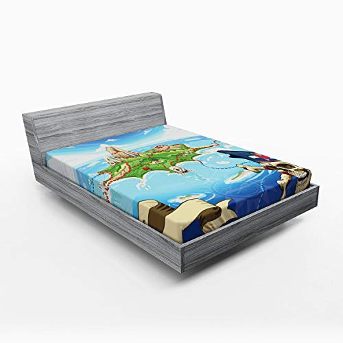 ABAKUHAUS Karikatur Spannbetttuch, Pirate Island Schädel, Soft Dekorativer Stoff Bettwäsche Rund-um Elastischer Gummizug, 140 x 200 cm, Aqua Grün