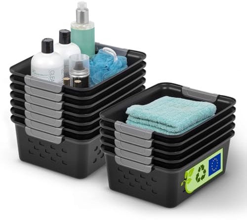 Iris Ohyama, Vielseitige Kunststoff-Regalkörbe, Oben Offen, Schwarz, 5L, 12er-Set, Belüftung, Sichtbarer Inhalt, für Badezimmer, Spielzeug, Lebensmittel, Büro, Schrank, Organizer, BPA frei, OSB-S