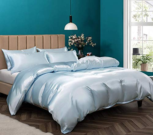 P Pothuiny 5 Pieces Satin Duvet Cover King Size Set, Luxury Silky Like Baby Blue Duvet Cover Bedding Set with Zipper Closure, 1 Duvet Cover + 4 Pillow Cases (No Comforter)