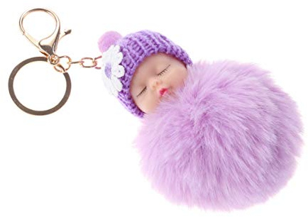 Garneck Puppen-Pom-Pom-Schlüsselanhänger, niedlich, flauschig, schlafende Babypuppe, Schlüsselanhänger, Pompon, Auto-Schlüsselanhänger, Geldbörse, Tasche, Handyanhänger, Taschenanhänger