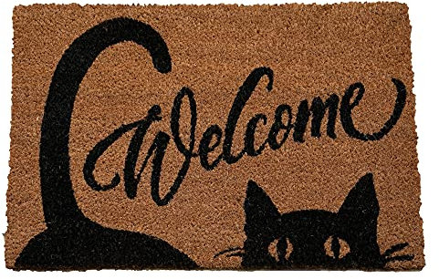 ED Black Cat Door Mat Non-Slip Natural Coir Indoor & Outdoor Welcome Mat 60 x 40cm