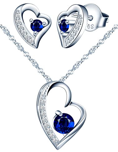 Yumilok Schmuckset Damen 925 Sterling Silber Halskette & Ohrringe Set, Kette mit Anhänger & Ohrstecker mit blau Zirkonia für Mädchen