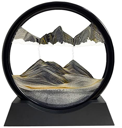 SANDCLE Peinture de Sable Mobile - Cadre Sablier, Images de l'art du Sable en Mouvement, Sable Dynamique dans un Verre Rond, 3D Sable de Paysage pour le Bureau Maison Décoration（Noir, 12 Pouces）