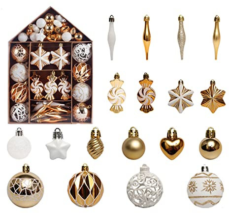 Fouriding Weihnachtskugeln 73pcs Kunststoff Christbaumkugeln Hängende Dekoration für Weihnachtsbaumschmuck (Weiß Gold)