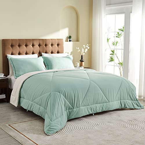 beeweed Bettdecke 200x200 cm Wende-Steppdecke, Sommerdecke 200 GSM Füllung, Mikrofaser Steppdecke, 200 x 200 cm Leichte Sommer-Bettdecke, Mintgrün/Beige