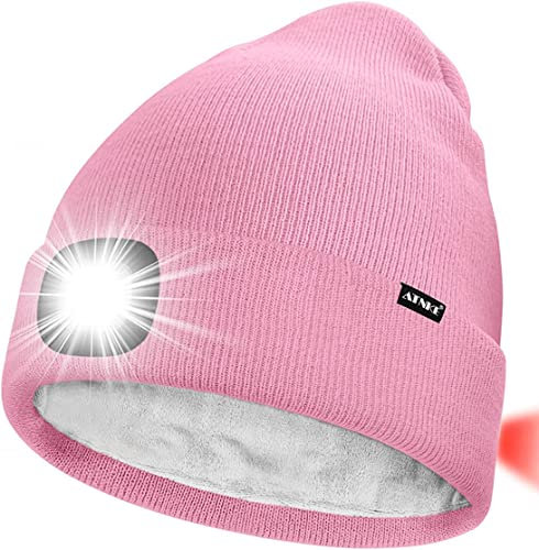 ATNKE Unisex 8 LED Mütze mit Licht,Wiederaufladbare USB Rot Blinkendes Alarm Rücklicht Laufmütze Lampe Winter Warme Gefüttertes Fleece Stricken Mütze für Herren und Damen Geschenke/Pink