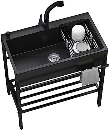 whalebee Évier en Acier Inoxydable, Évier De Cuisine sur Pied avec Étagère De Rangement, Évier De Cuisine avec Robinet Rétractable, Évier De Restauration Autoportant avec Tuyau De Vidange