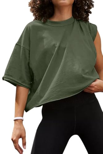 Tomwell Crop T-Shirt Damen Rundhals Kurzarm Tshirt Sport Oberteile Casual Oversize Shirt Sommer Workout Crop Tops A Dunkelgrün M