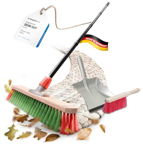 Novaliv Gartenbesen mit Stiel 40 cm Elaston Borsten inkl. Kehrgarnitur verzinkt bestehend aus Kehrblech und Handfeger Ideal als Straßenbesen Terassenbesen Hofbesen Stallbesen Kehrbesen Outdoor Broom