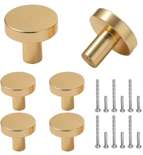 Beilala Cabinet Knobs Gold Modern, 6 Pack Round Brushed Brass Kitchen Cupboard Handles, Furniture Door Hardware Pulls for Chest of Drawers Dresser Wardrobe Closet, 25x20mm