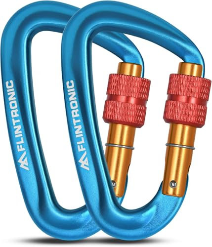 flintronic Karabiner mit Schraubverschluss, 2PCS 12KN Karabinerhaken Schraubverschluss, Karabiner mit 1200kg Belastbarkeit Schwerlast, für Hängematten, Camping, Wandern, Rucksack (Blau)