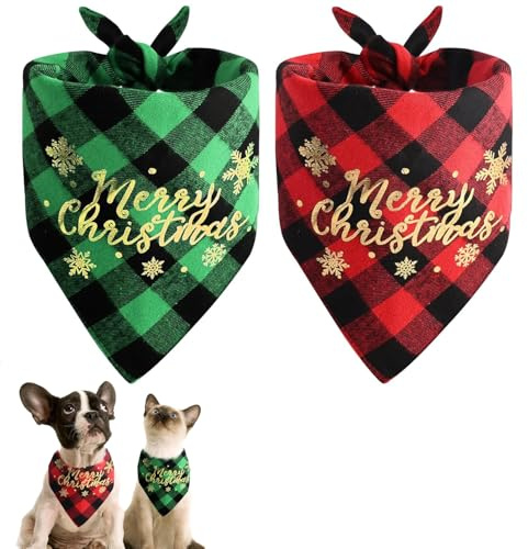 Viojrlly 2 Stück Weihnachten Hund Bandana Set, Halstuch Hund Weihnachten, Rot mit Grün Haustier Bandana Klassisch Kariert Hundehalstuch, Halstuch für Hunde, Haustier Halstuch Weihnachtskostüm (C)