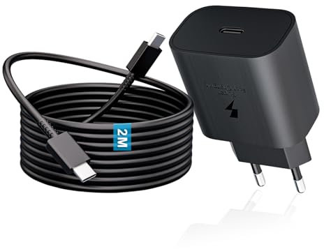 Cargador 25W para Samsung Carga Rapida, USB C Enchufe con 2M Tipo C Cable Compatible con Samsung S25 S24/S23/S22/S21/S20 FE/Plus/Ultra 5g/S10S9/A55/A54 5G/A53/A40/A35/A34/A25/A23/A15/A13/M23/M33