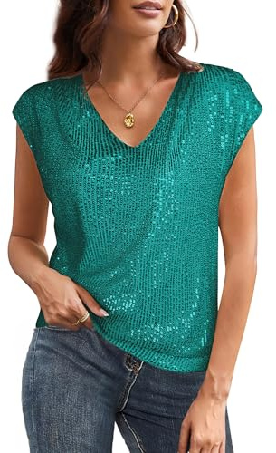 GRACE KARIN Damen Elegante V-Ausschnitt Bluse Kurze Flatterärmel Sexy Tank Bluse Glitzer Winter Festliche Outfits Smaragdgrün XL
