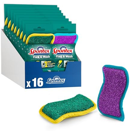 Spontex Flex & Wash Reusable Washing Up Sponges | Dual Sided Microfibre Sponge for Wiping and Scrubbing | Cleaning Products for Kitchen, Bathroom & Home | 8 x 2 Pack (16 Total)