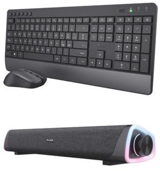 Trust Trezo Tastiera e Mouse Wireless Layout Italiano QWERTY + Liro Soundbar PC 12W, Combo Silenzioso e Ergonomico, Stereo Speaker con Illuminazione LED RGB per PC Laptop Desktop, Nero