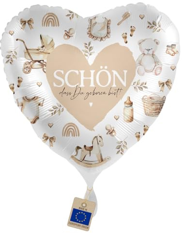 Folienballon Baby Schön, dass du geboren bist – Ballon Babyparty | Herzballon zur Geburt mit Babymotiven, für Mädchen & Jungen, Baby Shower, Babyparty, Geschenk & Deko, Helium geeignet
