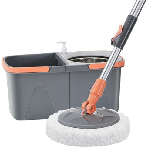 NHDVDVAV Spin Mop und abnehmbares Eimer-Set, Mop-Eimer-System mit 2 Mikrofaser-Moppköpfen, Spin Mop-Bodenreinigungsset für Hartholzfliesen-Laminatböden