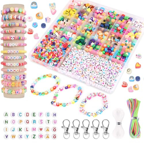 1800pcs Perlen zum Auffädeln Kinder, DIY Perlen für Armbänder mit deutschen Buchstaben, Selber Machen Basteln Perlen Set Halsketten Kunst Handwerk Geburtstagsgeschenke Spielzeug für 5-12 Jahre