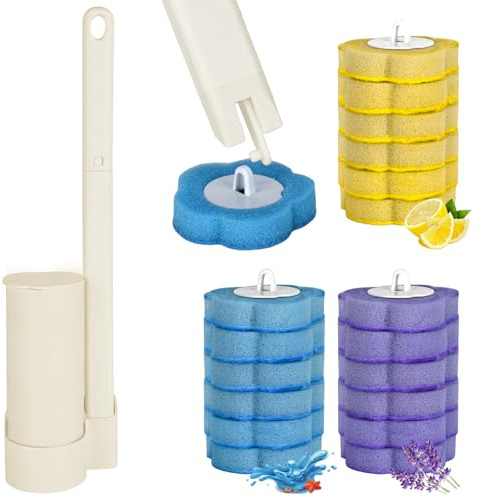 Rzspher Escobilla de inodoro desechable con 18 recambios de limpiador, sistema de limpieza de inodoro con cabezales de recarga desechables, juego de varillas para inodoro (mango beige + 18 cabezales