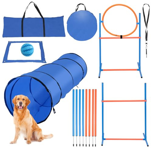 Vkechh Agility-Set för Hundar med Hoppring,Slalomstänger Och Hundtunnlar | Flerdelat Set Agility-Utrustning för Hundar inklusive Bärkassar,Visselpipa Och Blå Boll för Träning Och Spel