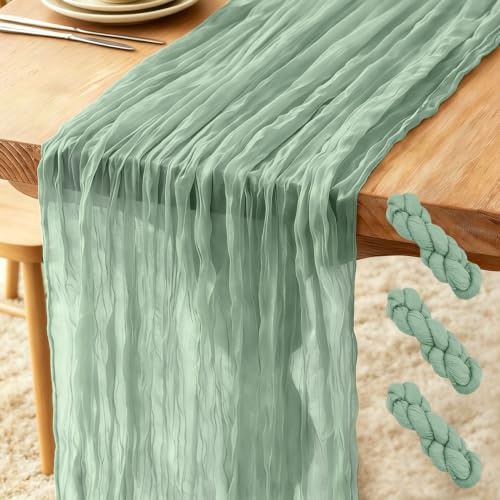 3 Stück Käsetuch Tischläufer Salbeigrün, 300 x 90 cm Boho Gaze Tischläufer Cheesecloth Läufer für Hochzeit, Geburtstagsfeiern, Weihnachten und Silvester von Tisch Dekoration