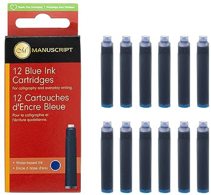 Manuscript Blue Ink Cartridges (Pack of 12) - Calligraphy Ink Cartridges for Fountain Pens, Compatible with International Size Fountain Pen, Perfect for Creative Writing
