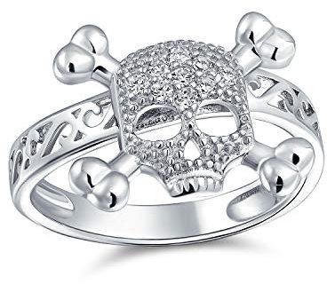 Mode Cz Karibischer Pirat Totenkopf Crossbones Ring Für Teenager Für Frauen Punk Gothic Cubic Zirconia .925 Sterling Silber